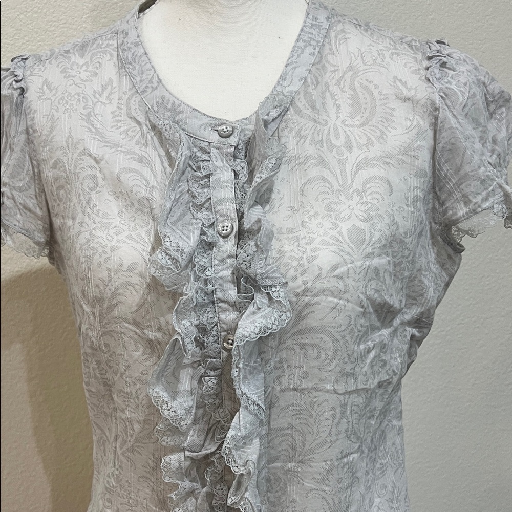 Loft Light Gray Patterned Ruffled Blouse - image 3